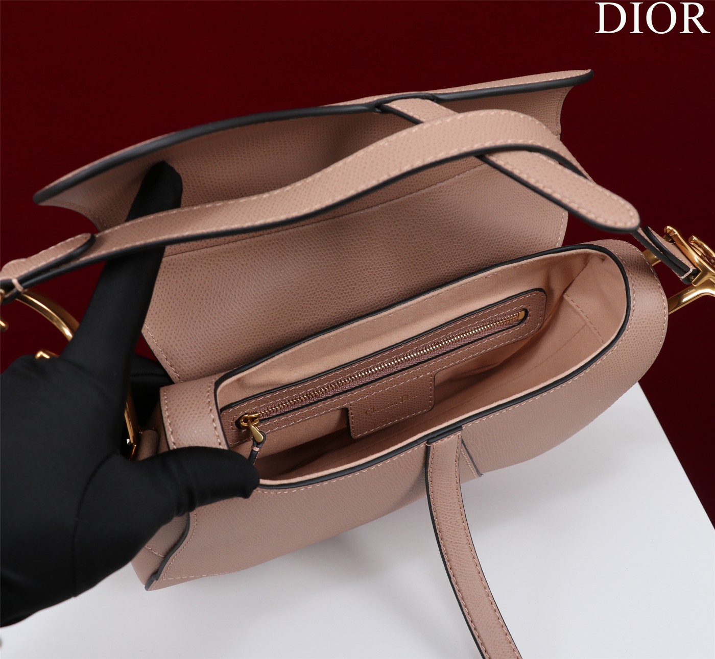 Saddle Bag with Strap Nude Pink Grained Calfskin